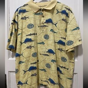 Columbia Mens Polo Yellow Fish Print Shirt 100% Cotton